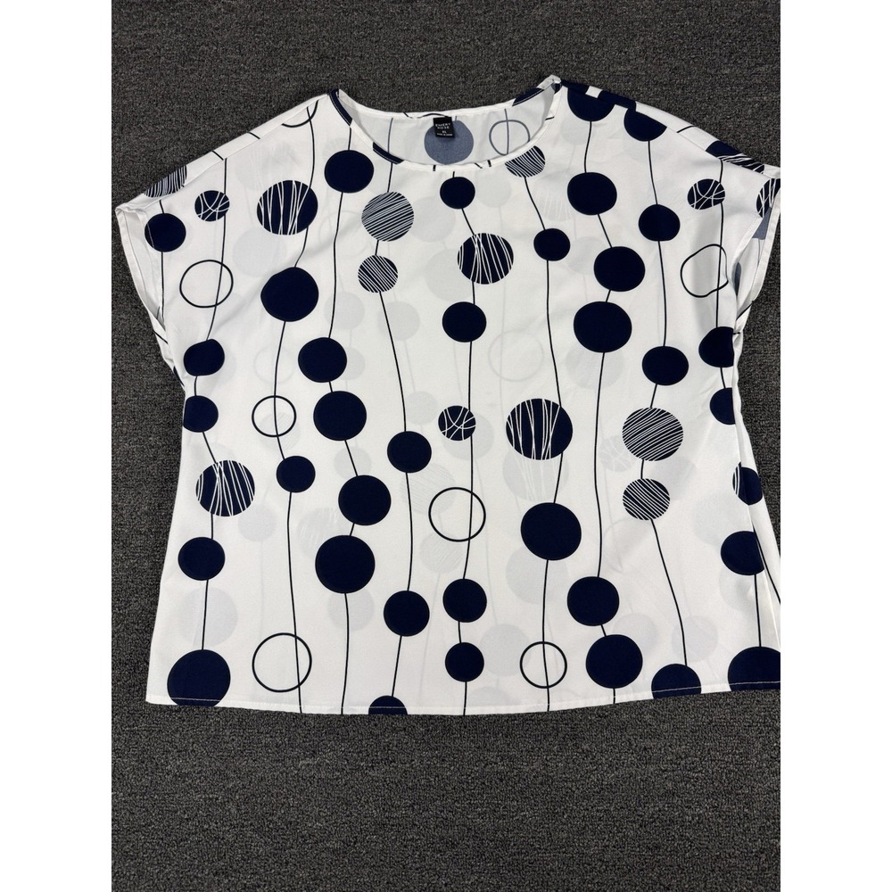 EMERY ROSE Polka Dot Short Sleeve Blouse White/Navy Polyester Size XL